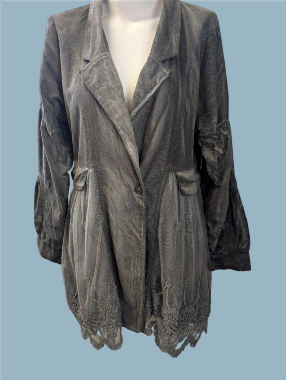 Vintage Inspired Corduroy Gray Lace-Trim Jacket 1X